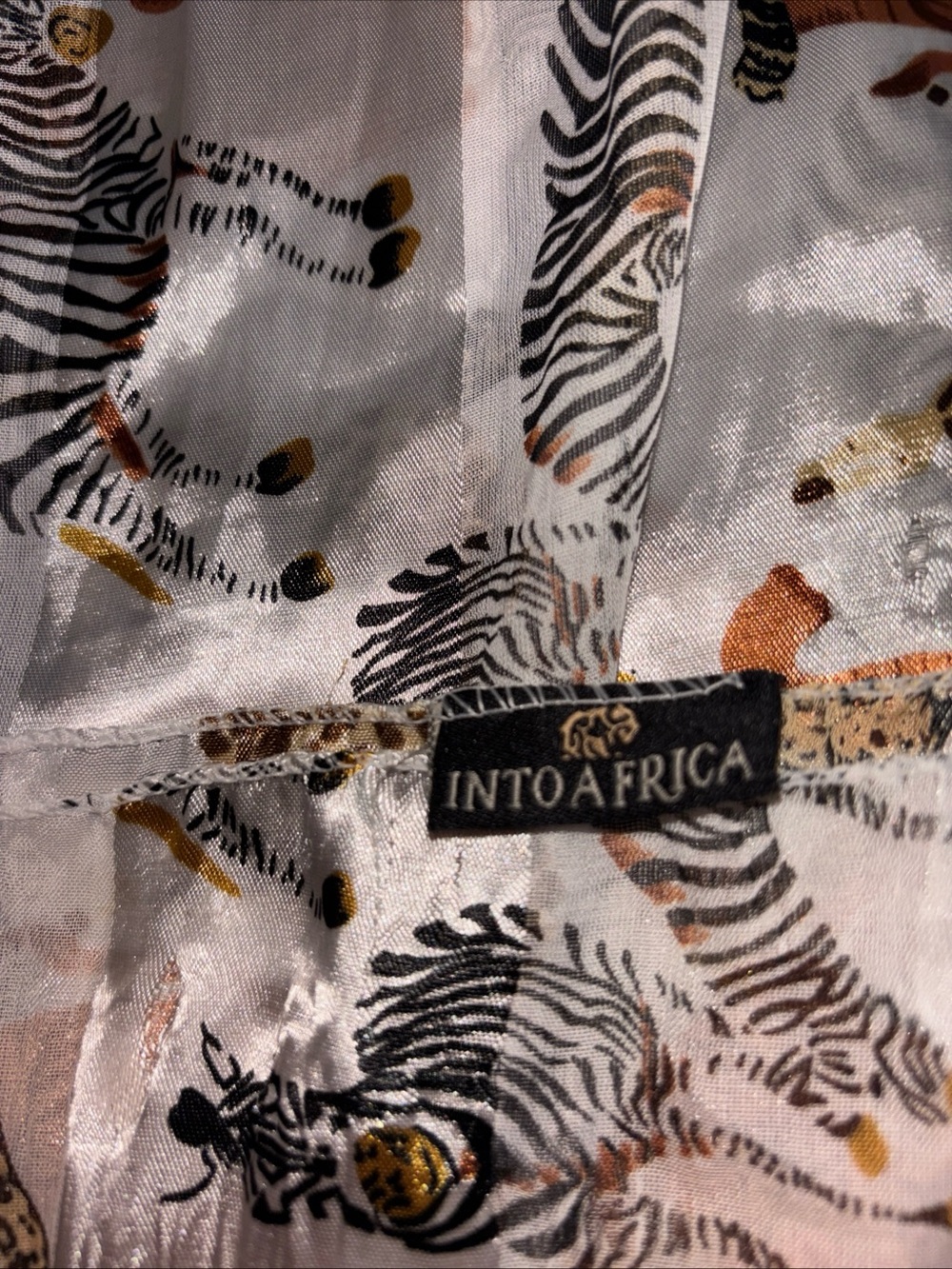 Into Africa Zebra Print Satin Scarf - White, Black, Gold, Brown. 1081